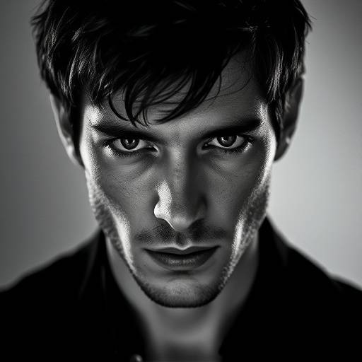 Portrait en noir et blanc de Gaspard Ulliel, regard intense et expressif, lors d'une séance photo.